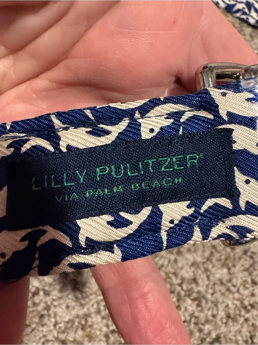 Lilly Pulitzer Silk Navy and White Dolphin D-Ring Fabric Belt - XL (50”)